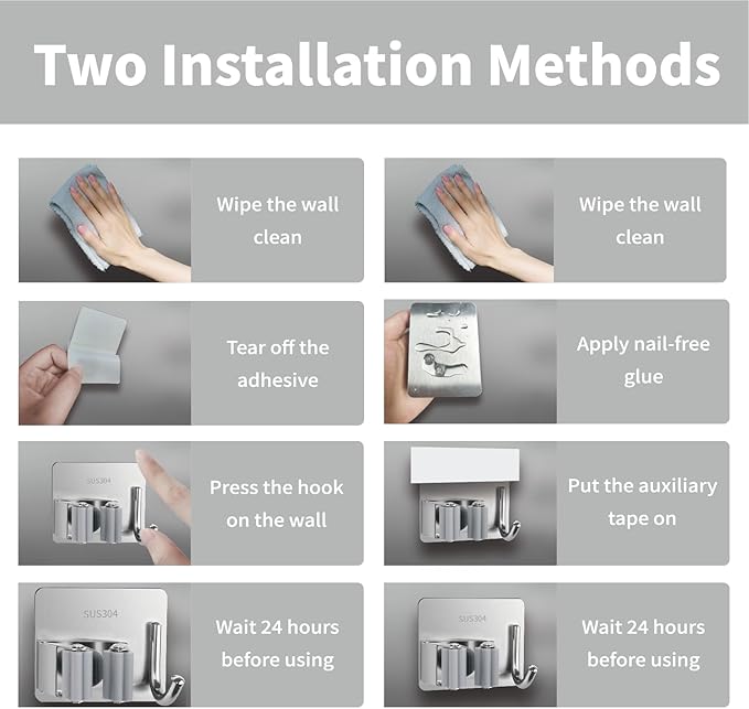 5 Pack Mop and Broom Holder Wall Mount, Silver Stainless Steel Mop and Broom Hanger with Hooks, Mop Broom Organizer for Closet Laundry Garage Garden Tool Organizer (Silver)
