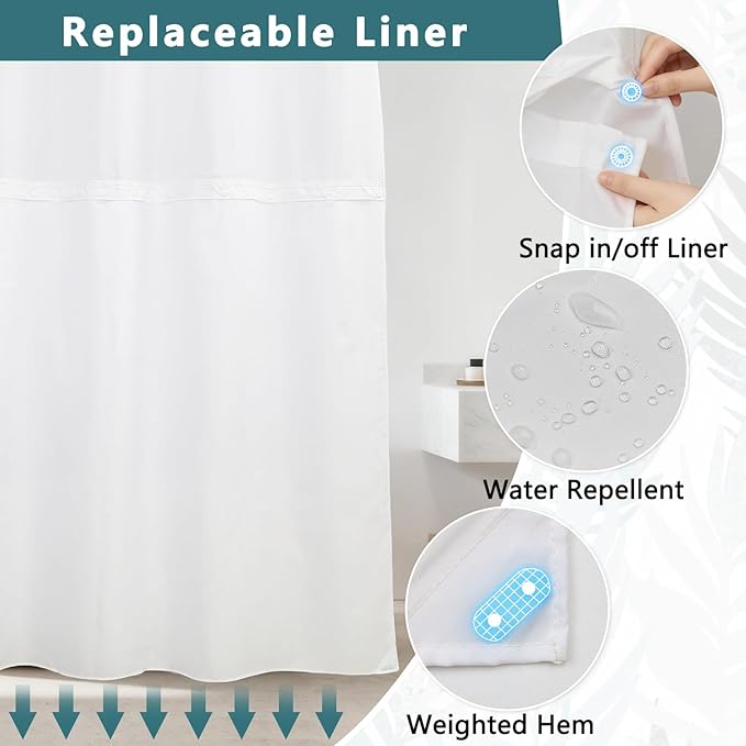 TQUQOBU No Hook Boho Dark Emerald Leaves Shower Curtain with Liner, Waterproof Washable Fabric Shower Curtain, Modern Abstract Botanical Decorative Bathroom Curtains with Top Sheer Window, 71x74 Inch
