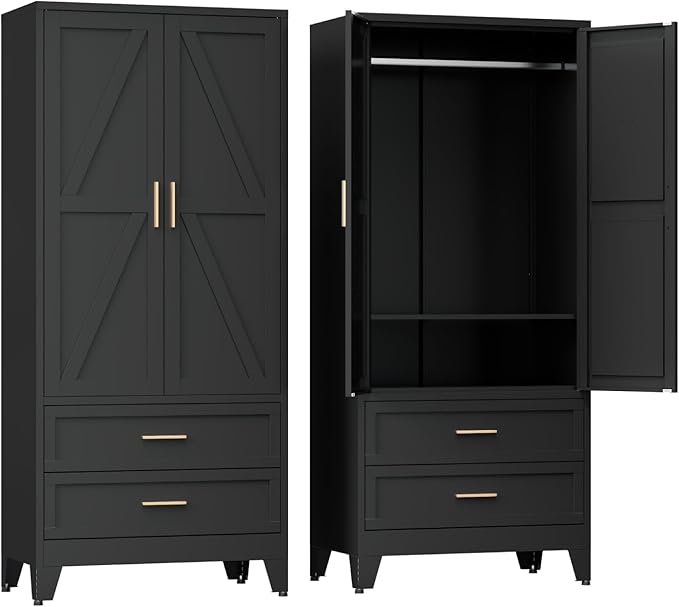 COFaR Metal Wardrobe Closet with Doors, 71'' Tall Farmhouse Bedroom Armoires with Drawers and Hanging Rod, Freestanding Steel Wardrobe Garage Closet for Bedroom Home Office Garage, Black
