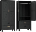COFaR Metal Wardrobe Closet with Doors, 71'' Tall Farmhouse Bedroom Armoires with Drawers and Hanging Rod, Freestanding Steel Wardrobe Garage Closet for Bedroom Home Office Garage, Black