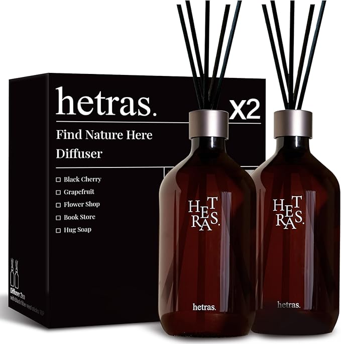 hetras Premium Reed Diffuser Set 16.9 fl.oz. 2 Pack | Pure Laundry - Fresh & Warm Scent | Long-Lasting Luxury Fragrance with 10 Reed Sticks for Home & Office | Gifts for Loved One