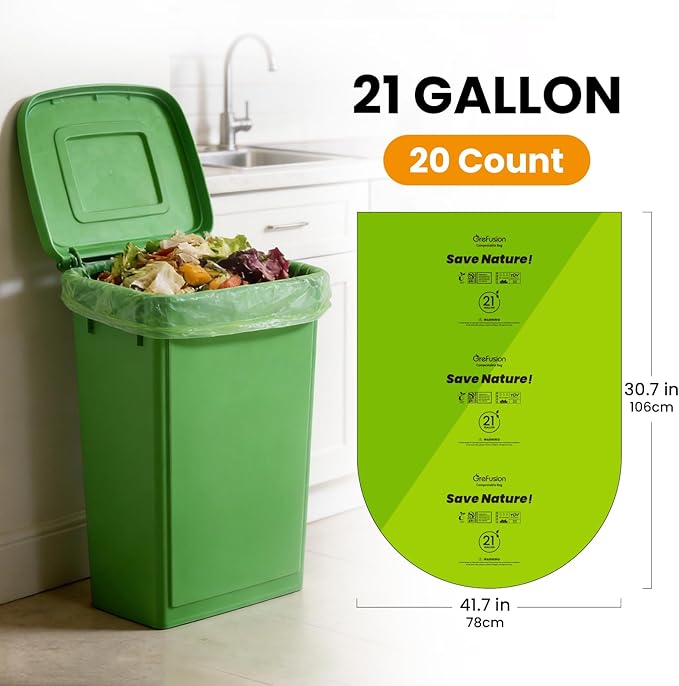 GreFusion Compostable Trash Bags 21 gallon,20 Count,Extra Thick 1.28 Mills,Fits13-25 gallon trash can, Extra Strong and thick,Compostable Lawn & Leaf Yard Waste bags,ASTM D6400,Bpi Certified