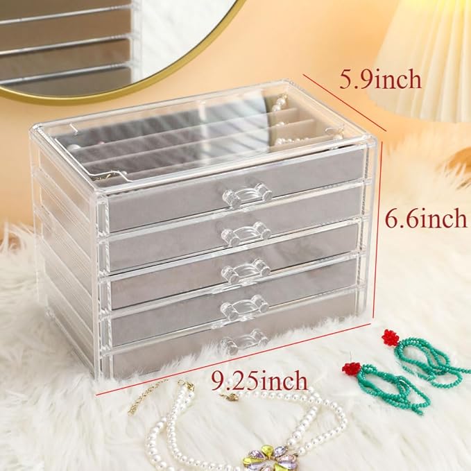 Necklace Organizer Box, Tray with 5 Drawers, Dustproof Velvet Storage Holder Display Case, Jewelry Box for Pendants, Suitable for Women and Girls (Grey)