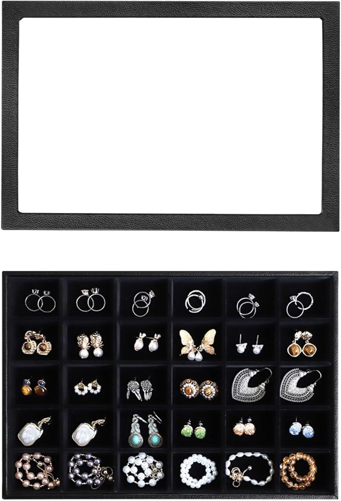 Wudygirl Jewelry Organizer 30 Grid Jewelry Tray with Lid Earring Holder Organizer for Women Ring Earring Bracelet Holder Storage (Pu Black)