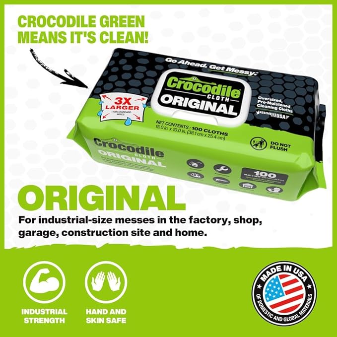Crocodile Cloth Original Cleaning Wipes – 100 (15” x 10”) Hand & Tool Industrial Cleaning Wipes – Large Multi-Surface Cleaning Cloths, Water-Based Solution with Extreme Cleaning Power — Safe on Skin