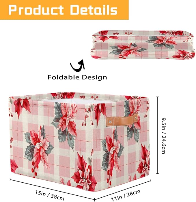 Storage Baskets Bin, Christmas Winter Poinsettia Collapsible Canvas Fabric Storage Bin Decorative Baskets Toy Organizer Rectangle Storage Boxes with Handles for Home Shelves Nursery, J-003