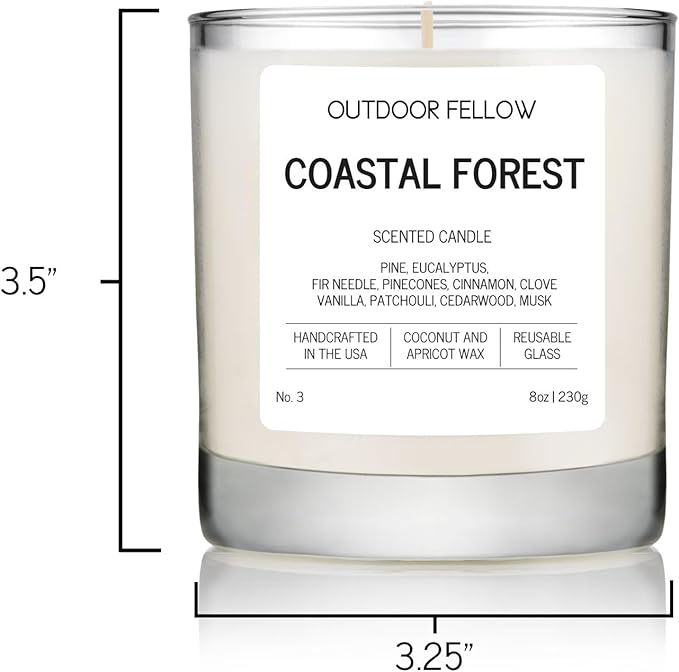 Outdoor Fellow Coastal Forest Scented Candle, 8oz, Coconut & Apricot Wax Blend, Pine, Eucalyptus, Cedarwood, Reusable Glass, 40-50 Hour Burn Time