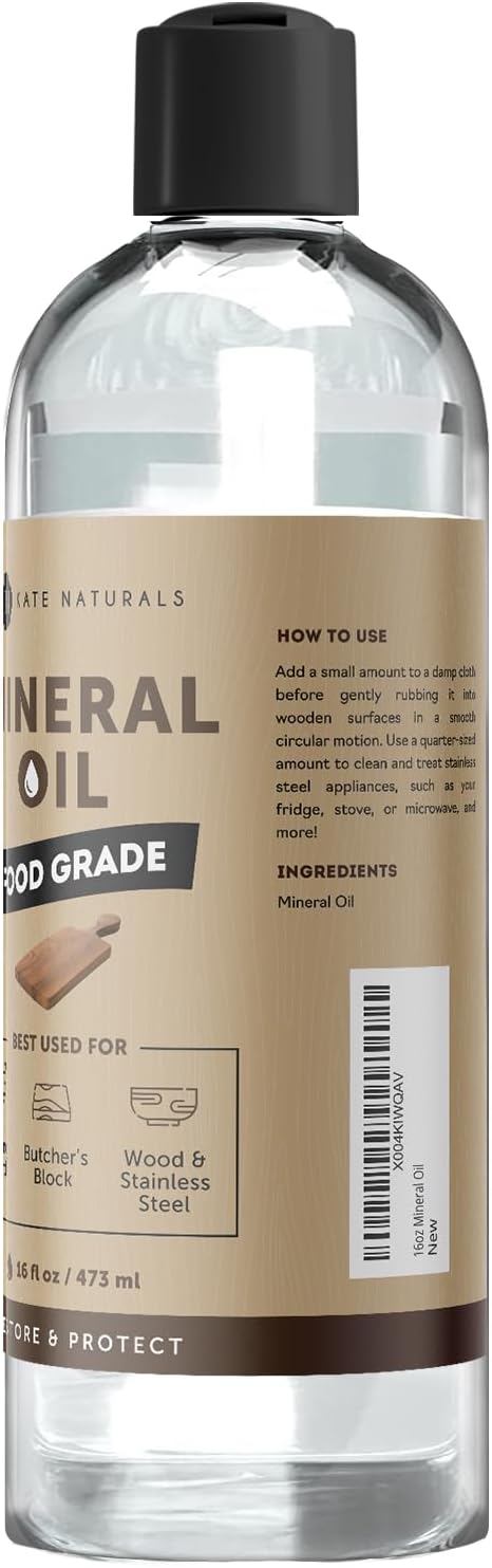 Kate Naturals Mineral Oil for Wood Cutting Board, Butcher Block, and Knife. Food Grade Mineral Oil for Wooden Cutting Board & Utensils (16oz, Food Safe)