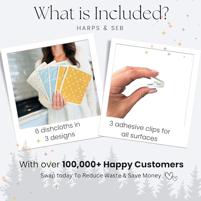 Harps&Seb Swedish Dishcloths for Kitchen Dishcloths - 6 Pack, Reusable Paper Towels with Clips, Super Absorbent Washable Non-Scratch Swedish Dish Towels, No Odor, Biodegradable