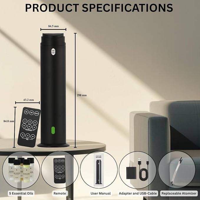 INTENSE OUD Waterless Diffuser – 120ML Essential Oil Diffuser & Aromatherapy Diffuser for Rooms up to 1000 Sq Ft, Ultra-Quiet Scent Air Machine with Remote, Timer & 5 Scent Kit – Matte Black Aluminum