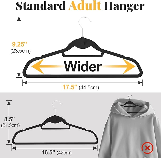 UEAKPIC Velvet Felt Stackable Hangers 50 Pack, Non Slip, with 360° Swivel Hook, Ultra Thin and Space Saving for Suits, Shirts, Coats, 15Lbs Capacity Heavy Duty, Black
