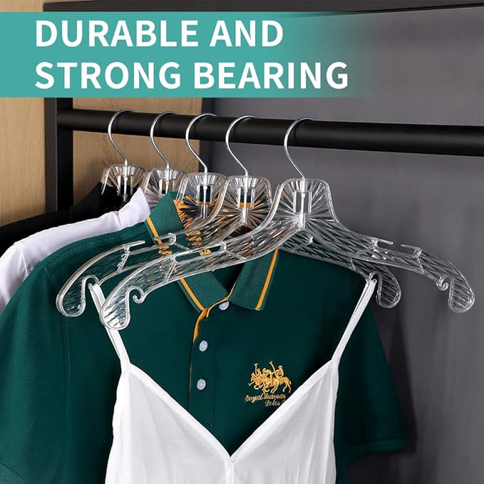 Crystal Clear Plastic Hangers - 20 Pack, Non-Slip, Heavy Duty, Open Notch Shirt & Dress Hangers with Diamond Crystal Cut Pattern