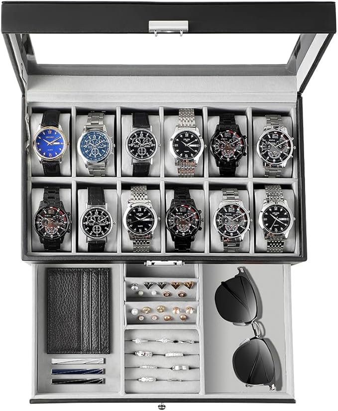 GUKA Watch Box 12 Slot Watch Display Organizer Leather Jewelry Case Drawer Glass Birthday for Men Women, Child Husband Dad