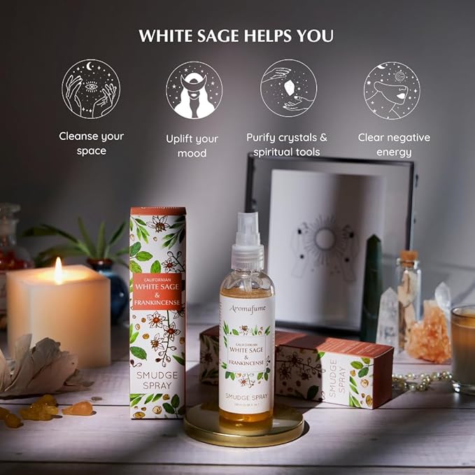 White Sage & Frankincense Smudge Spray by Aromafume | 100ml/3.3 oz | Sage Spray for Cleansing Negative Energy & Protection | Non-Toxic | Room Spray for Spiritual Cleansing, Smokeless Sage Smudging