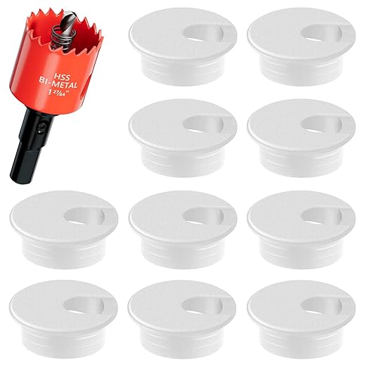 1-3/8 in. Hole Saw with 10PCS White Desk Grommet - Cable Management Kit for TV, Office, and Home Table - Hide Wires Behind Wall, TV Wall Cable Pass Through, Desk Cable Hole Covers