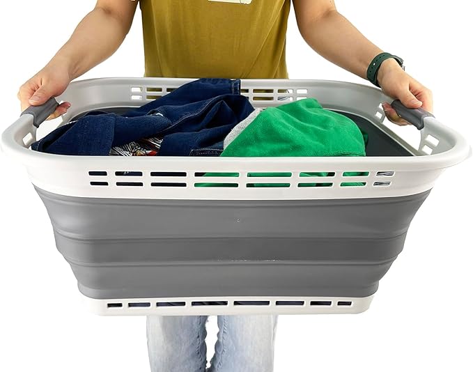 SAMMART 42L (11 Gallons) Collapsible Plastic Laundry Basket - Foldable Pop Up Storage Container/Organizer - Portable Washing Tub - Space Saving Hamper/Basket [BPA Free] (Grey/Steel Grey)