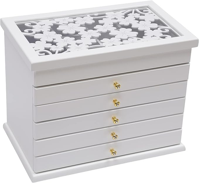 Eapmic Extra Large Four-Leaf Carved 6 Layers Wooden Jewelry Box Jewelry Case Cabinet Armoire Ring Necklacel Gift Storage Box Organizer (White)