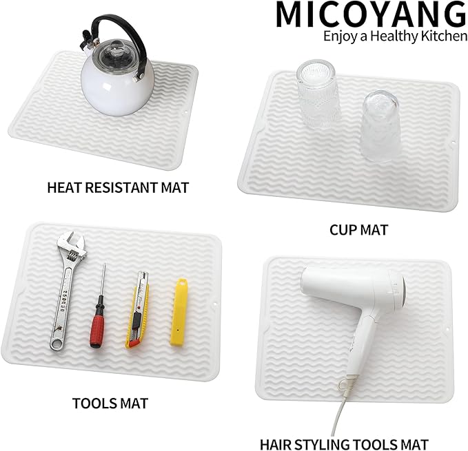 MicoYang Silicone Dish Drying Mat for Multiple Usage,Easy clean,Eco-friendly,Heat-resistant Silicone Mat for Kitchen Counter or Sink,Refrigerator or drawer liner White L 16 inches x 12 inches