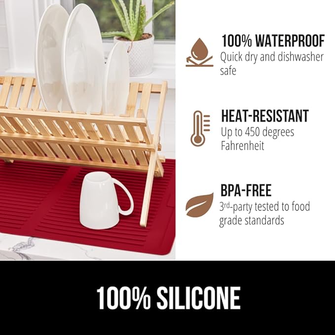 GORILLA GRIP 100% BPA-Free Patented Silicone Dish Drying Mat for Kitchen Counter, Water Catching Ribbed Design, Easy Clean Waterproof Sink Liner, Heat Resistant, Fits Under Rack, 12x16 Inch, Red