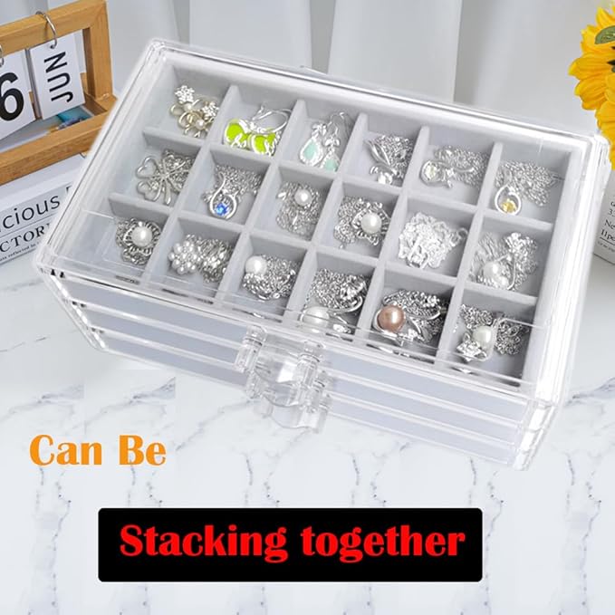 Acrylic Earring Organizer Box with 3 Drawers Clear Stud Earrings Holder Organizer with Velvet Trays Stackable Jewelry Organizer Box 54 Grids Earring Display Case for Women Girls (Grey)