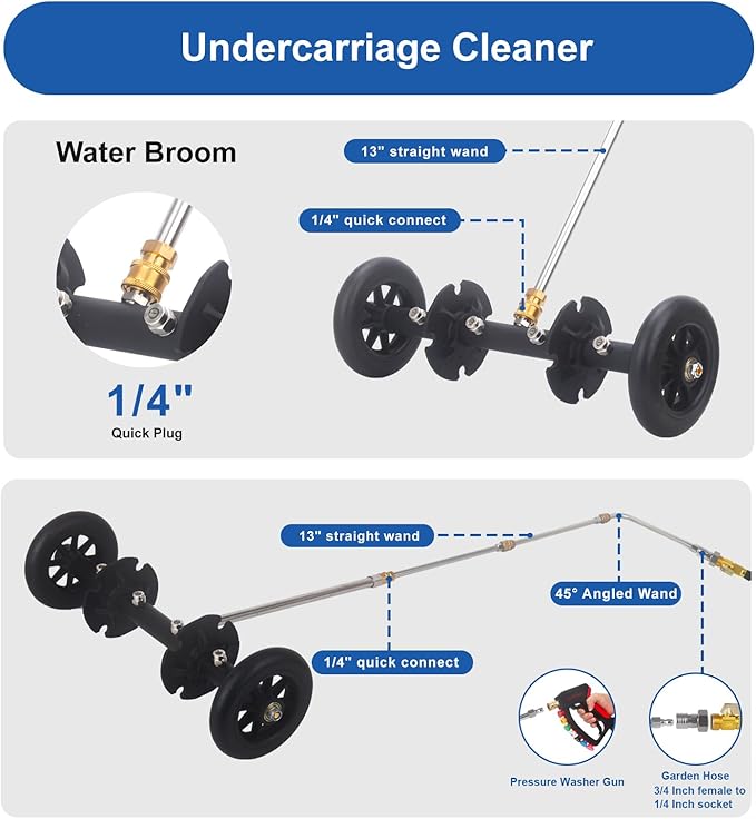 DUSICHIN Pressure Washer Undercarriage Cleaner Extension Wand Attachment, 15 Inches Undercarriage Washer, Pressure Washer Under Car Cleaner with 4 Extension Wands Garden Hose Adapter DUS3201