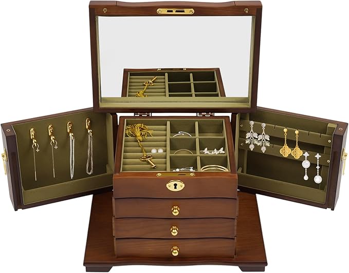 Jewelry Box Organizer with Lock and Mirror, 4-Layer Large Wooden Jewelry Storage Case for Rings Earrings Necklaces Bracelets, Christmas New Year Gifts,Soft Velvet Lining&Jewelry Hooks&Magnetic Door