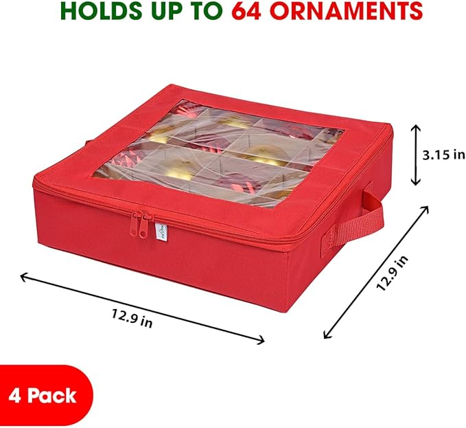 ProPik 4 Pcs Christmas Ornament Storage Boxes with Dividers | 4 Individual Trays Hold 64 Holiday Decoration Balls | Durable Ornaments Organizer Storage Box | Zippered Closure with Handles (Red)