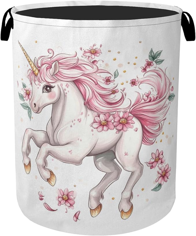 Unicorn Pink Foldable Canvas Laundry Basket with Handles - Toy Organizer, Heavy Duty for Home，Bedroom, Dorm, Bathroom