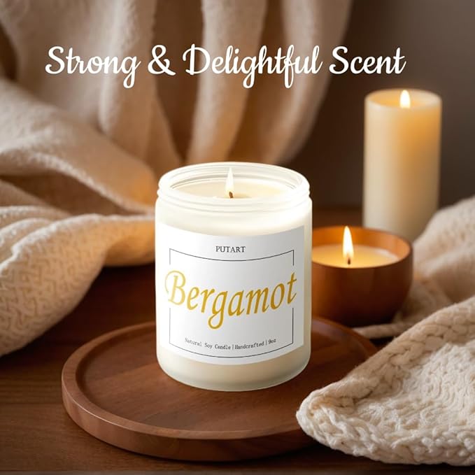 Bergamot & Green Tea Scented Candles for Home, Natural Soy Wax Aromatherapy Non Toxic Candle Gift for Women Men, Home Fragrance Decoration Glass Jar Candle for Meditation and Relaxation (9oz
