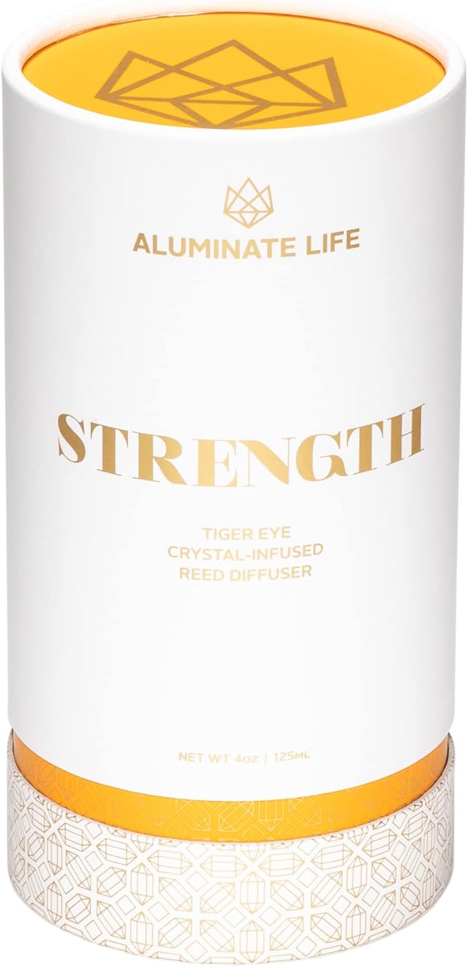Crystal Infused Reed Diffuser, 4 OZ, Strength - Tiger Eye Crystal Infused - Scents of Cedarwood, Amber, & Sage - Home Decor, House Warming, Room, Stick Perfume, Shelf or Coffee Table