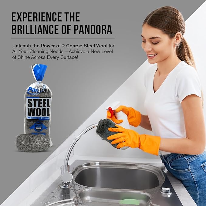 Pandora Steel Wool #2 – Coarse Grade, 32 Pads for Cleaning and Removing - Metal Strands - Ideal to Remove Floor Scuff Marks and Old Wax