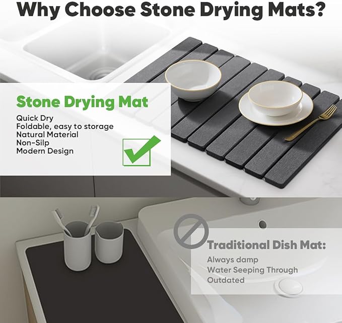 Stone Drying Mat for Kitchen Counter, Quick Diatomaceous Earth Mats for Dishes, 23.6"L x 15.7" W Super Absorbent Fast Drying Collapsible Countertop Stone Mat (Dark Grey, Extra Large)