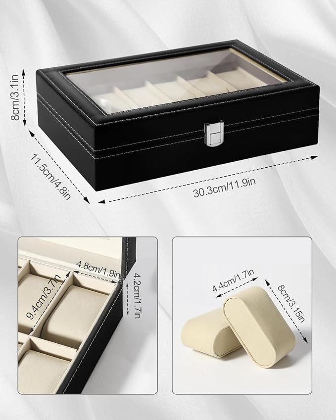 Uten Watch Organizer - 12 Slot PU Case with Glass Lid, Valentine's Day Gift, Watch Display Box with Removable Pillow, Metal Clasp