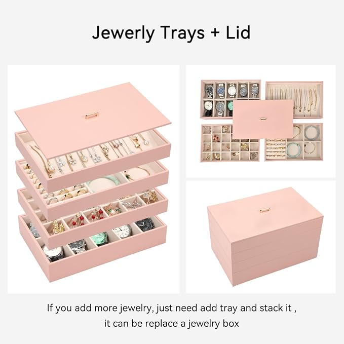 Voova Stackable Jewelry Organizer Tray with Lid, PU Leather Jewelry Storage Holder for Drawer Inserts, Jewellery Display Box Case for Earring Necklace Ring Watch Bracelet (Set of 4, Pink)