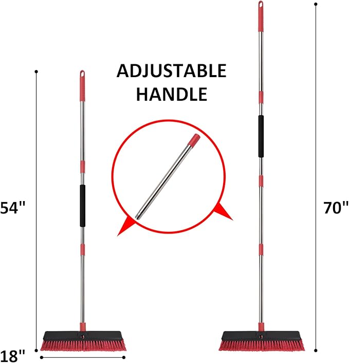 18” Push Broom with 70” Adjustable Handle - Heavy Duty Outdoor Broom for Shop, Garage, Patio, Driveway, Yard, Deck Cleaning