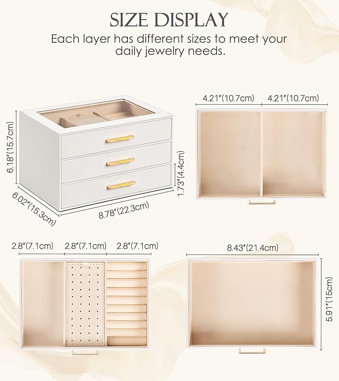 Homde Jewelry Box with Compartments for Women: Big Storage Organizer for Room - Necklace, Earring, Ring Holder for Dresser (White + Yellow)