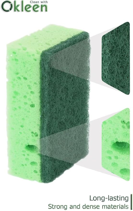 Okleen Green Multi Use Scrub Sponge. Made in Europe. 18 Pk, 4.3x2.8x1.4 inches. Odorless Heavy Duty and Non Scratch Fiber. Thick, Durable and Delicate Scrubber for Pans, Bowls, Jars, Sink, Floor