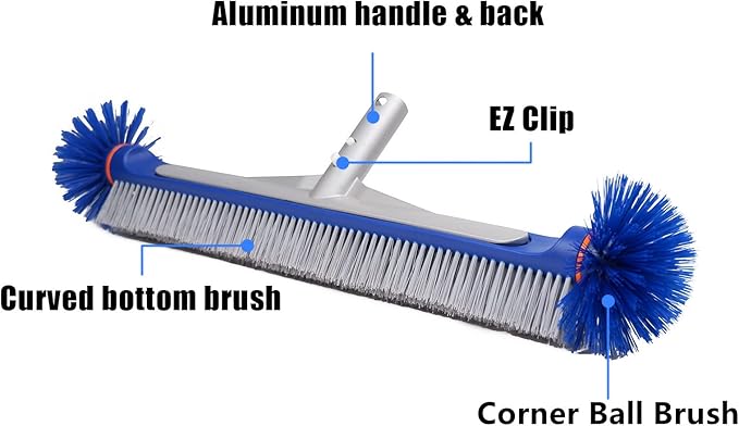 Poolvio Professional 17.5" Floor & Wall Pool Cleaning Brush with Tough Around Nylon Bristles, EZ Clip Aluminum Handle- Easily Sweep from Walls, Floors, Steps