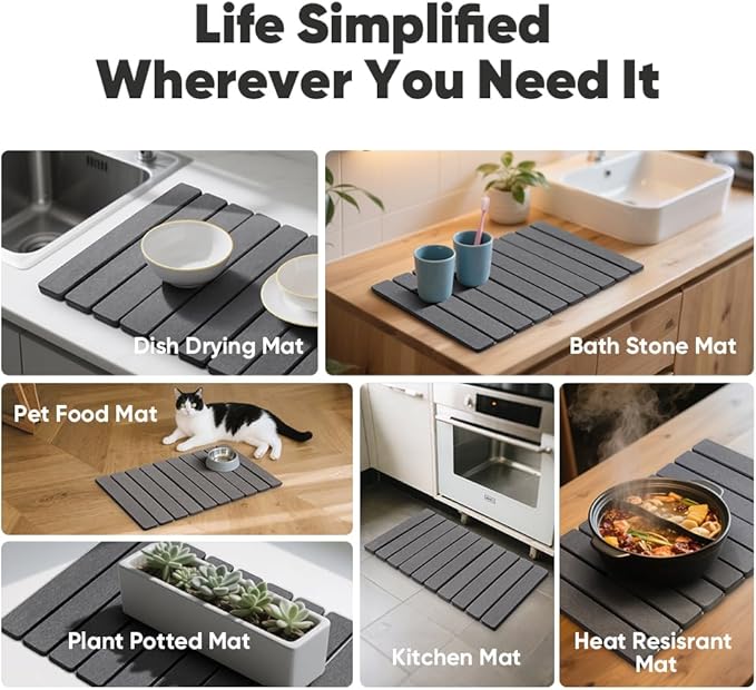 Stone Drying Mat for Kitchen Counter, Quick Diatomaceous Earth Mats for Dishes, 23.6"L x 15.7" W Super Absorbent Fast Drying Collapsible Countertop Stone Mat (Dark Grey, Extra Large)