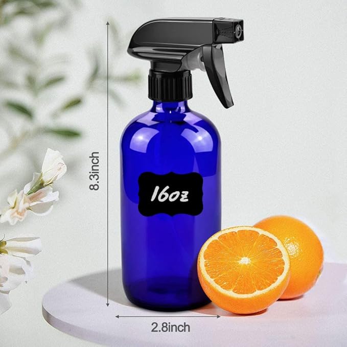 Worldgsb Glass Spray Bottles, 16oz Refillable Containers, Empty Boston Round Bottles with Labels & Adjustable Nozzle for Cleaning, Gardening, Aromatherapy, Pets, Plant, Hair -Blue (2 Pack)