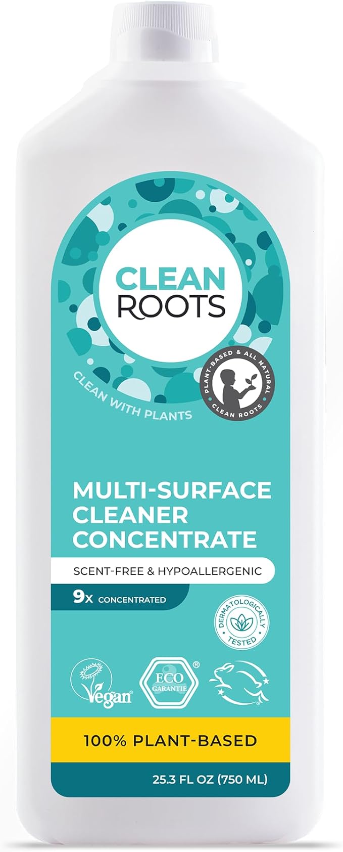CLEAN ROOTS Multi-Surface Cleaner Concentrate – EcoGarantie Certified, 100% Plant-Based Formula, Made with Organic Ingredients, Scent-Free & Hypoallergenic – 25.3 fl oz (750 mL), Pack of 3