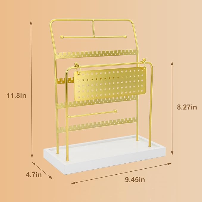 JONKASIPA Jewelry Organizer Stand Metal Jewelry Display Rack with Wooden Tray Necklace Stand Partitioned Storage for Rings, Earrings and Bracelets Jewelry Rack(Gold)