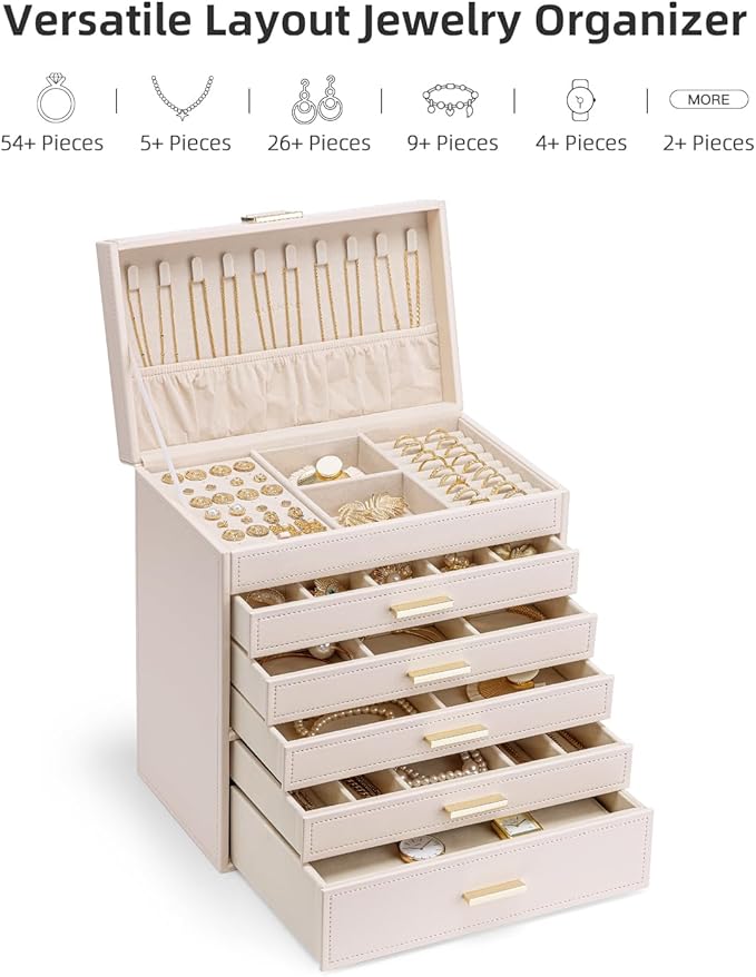 Vlando Jewelry Box Organizer,Large Jewelry Storage for 5 Drawn,PU Leather Jewelry Boxes for Women,Earring Necklace Rings Watch Display Boxes,Wedding Birthday Gift Apricot White
