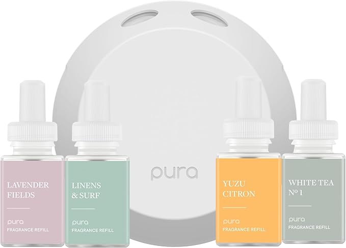 Pura 4 Smart Home Fragrance Device Starter Set - Scent Diffuser for Home- Linens & Surf, Lavender Fields, White Tea No. 1, Yuzu Citron Scent