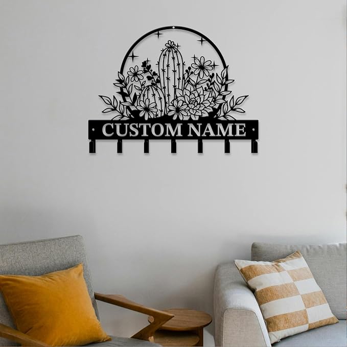 Personalized Custom Name Cactus Wall Keys Hooks,Metal Cactus Art Clothes Hooks,Metal Cactus Lover Wall Home Storage Decorative,For Front Door, Hallway, Kitchen, Bedroom,Keys,Hats (Style A)