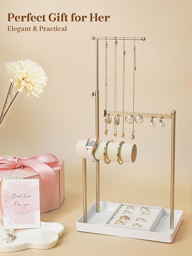 Jenseits Jewelry Organizer Stand with Ring Holder - 3-Tier Gold Jewelry Holder Tower with Velvet Tray, Necklace Holder, Bracelet & Earring Display Stand for Women, Gift for Her