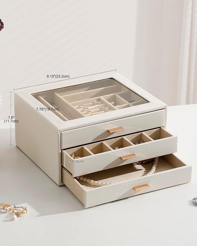 Jewelry Box with Glass Lid, 3-Layer Jewelry Organizer for Women Girls, PU Leather Display Case with 20-Grid Earring Tray & Movable Dividers for Necklaces Rings - Cloud White