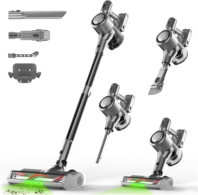 Shieal Cordless Stick Vacuum Cleaner - Rechargeable,45Kpa Powerful Suction Vacuum for Home,45Mins Runtime,Detachable Battery,Anti-Tangle, 8 in 1 Lightweight Vacuum for Pet Hair Carpet Hardwood,Silver