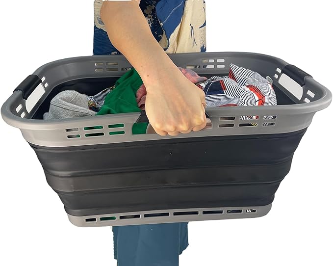 SAMMART 42L (11 Gallon) Collapsible Plastic Storage Basket - Foldable Pop Up Storage Container/Hamper - Portable Laundry Organizer - Space Saving (Grey/Black, 42L (Style A))
