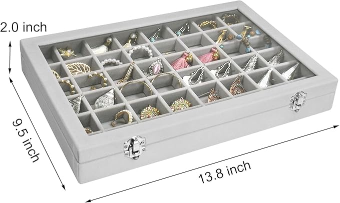 Velvet Jewelry Tray 48 Grid Jewelry Display Tray Organizer Box with Transparent Lid Rings Earrings Necklaces Pendants Display Box Suitable for Women and Girls (Grey)